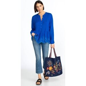 Johnny Was Leonie Pintuck Eyelet Blouse Size Medium Color Skydiver NWT